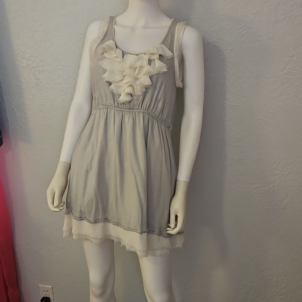 Vtg KLD Gray Ruffle Shabby Chic Distressed Sleeveless Mini Dress - Picture 3 of 8